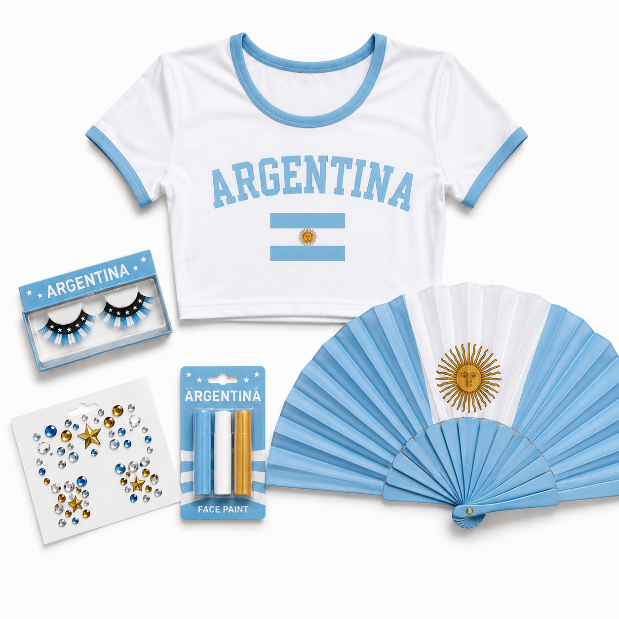 Argentina football fan crop top lashes face gems and folding fan kit