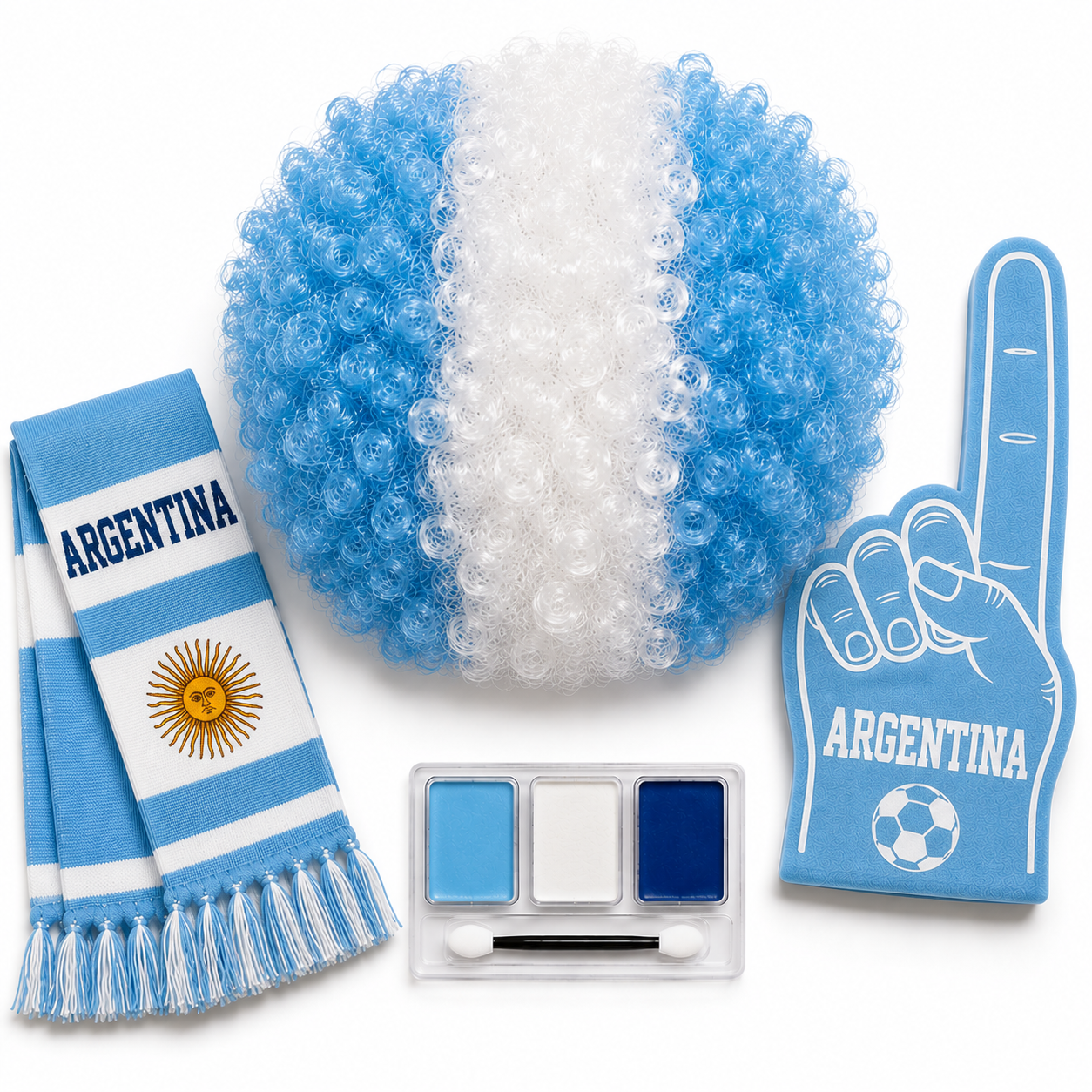 Argentinian soccer fan cheering in stadium with supporter wig scarf and face paint