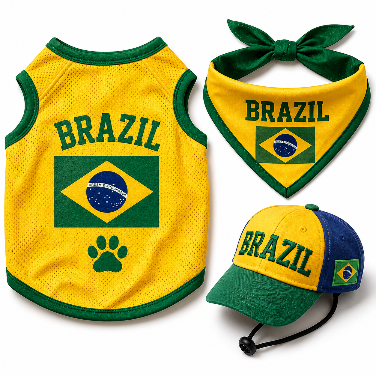Brazil dog fan kit with jersey bandana and cap