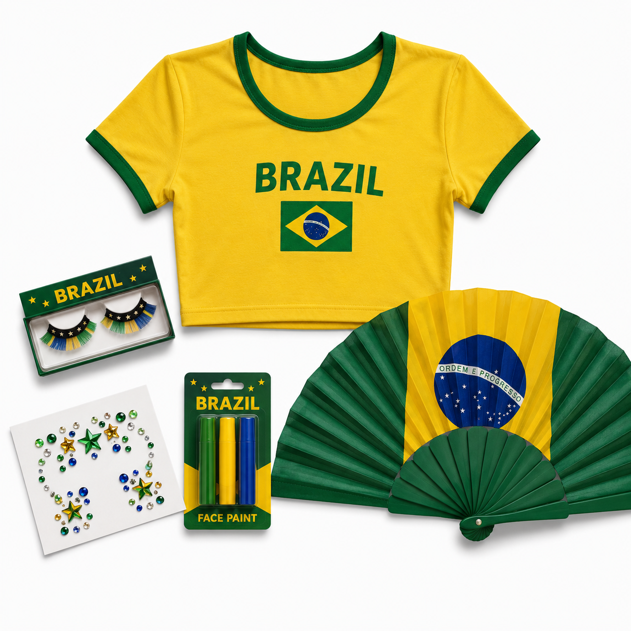 Brazil football fan crop top lashes face gems and folding fan kit