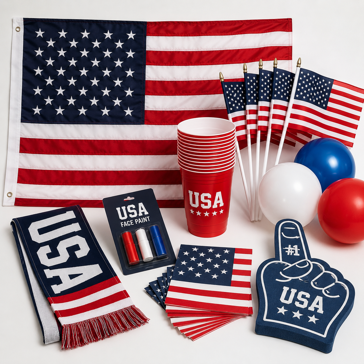 USA FParty Kit box with American flag, mini flags, cups, napkins, scarf, face paint, balloons and foam finger for World Cup watch party