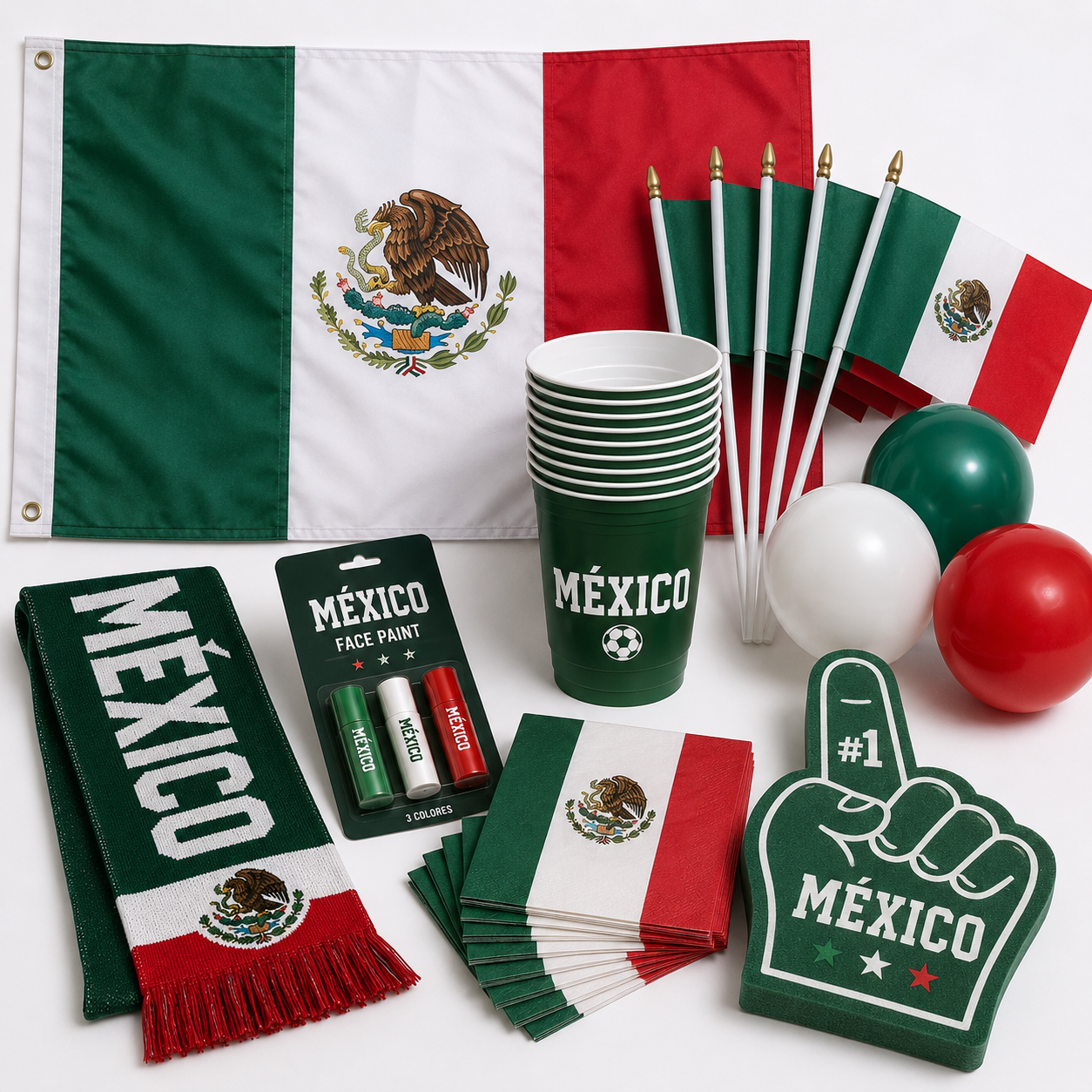 Mexican Fan Party Kit box with American flag, mini flags, cups, napkins, scarf, face paint, balloons and foam finger for World Cup watch party