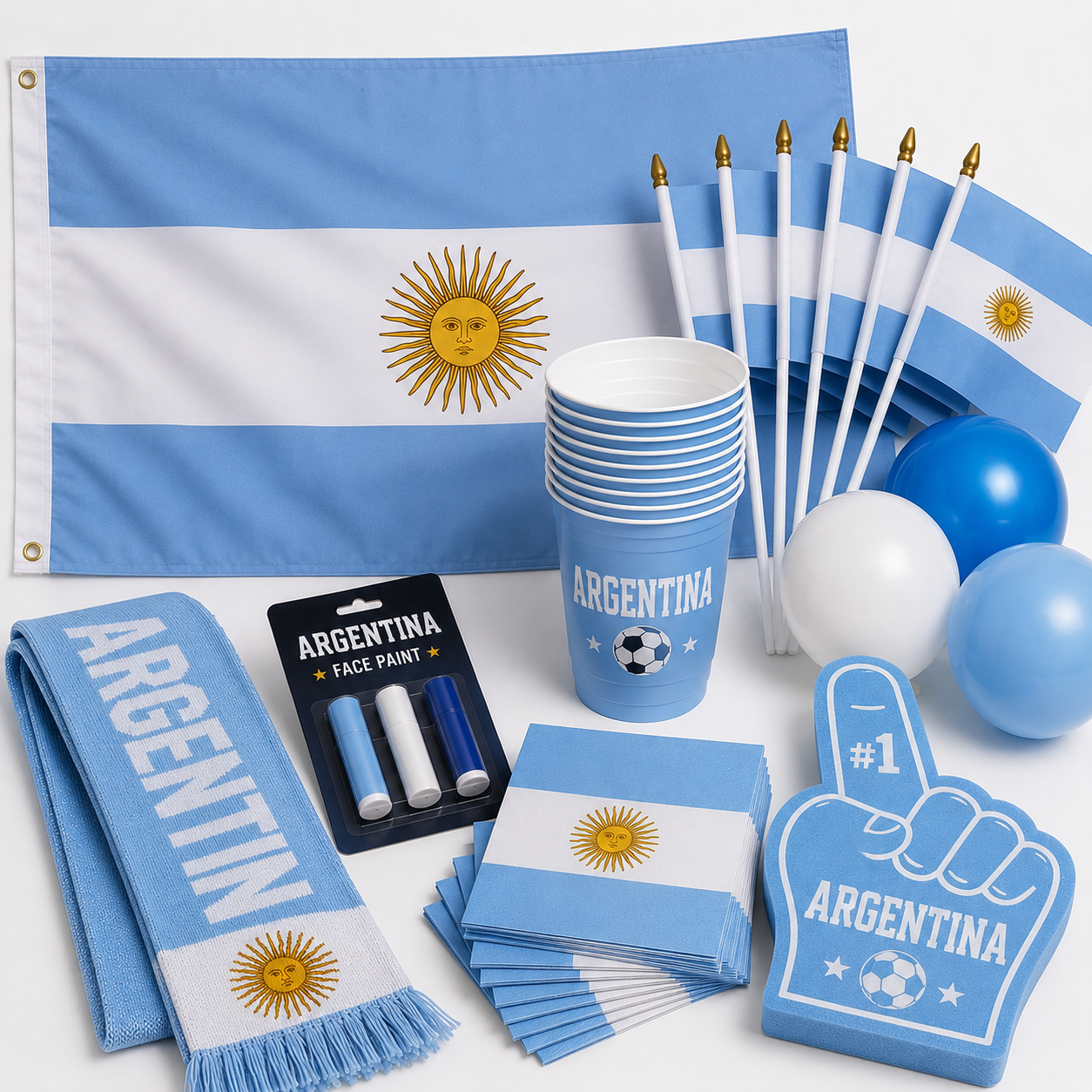 Argentine Fan Party Kit box with American flag, mini flags, cups, napkins, scarf, face paint, balloons and foam finger for World Cup watch party