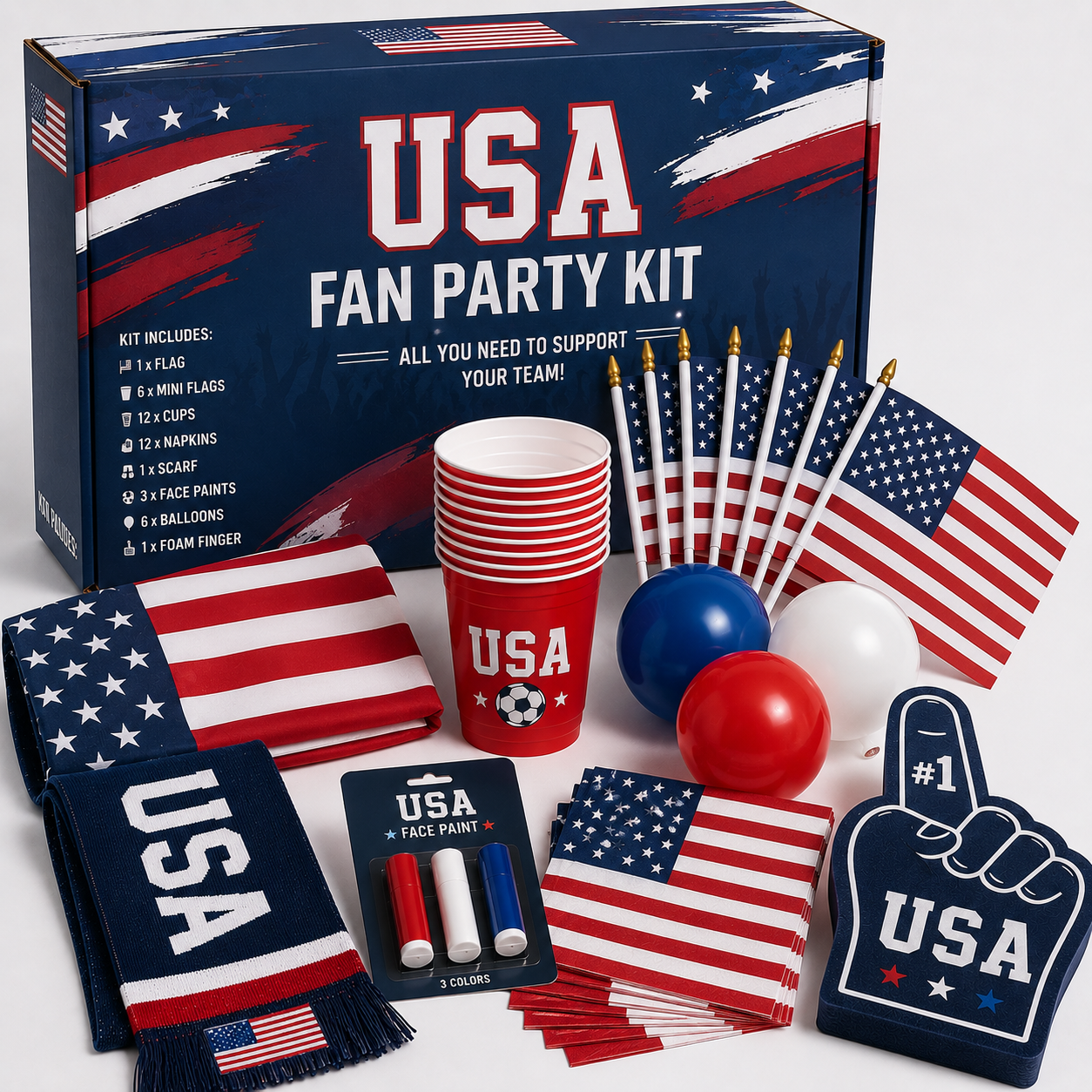 USA Fan Party Kit box with American flag, mini flags, cups, napkins, scarf, face paint, balloons and foam finger for World Cup watch party