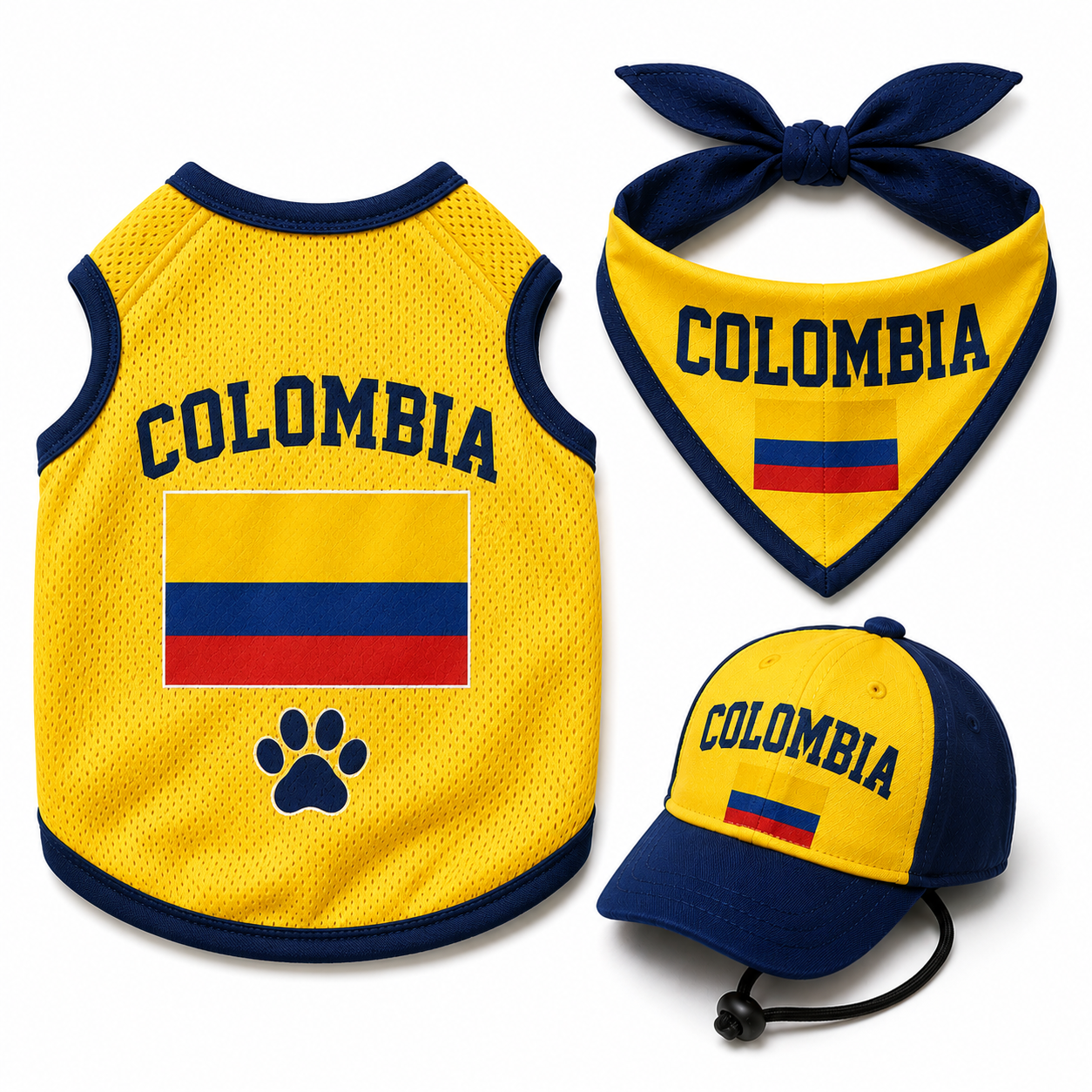 Colombia dog fan kit with jersey bandana and cap