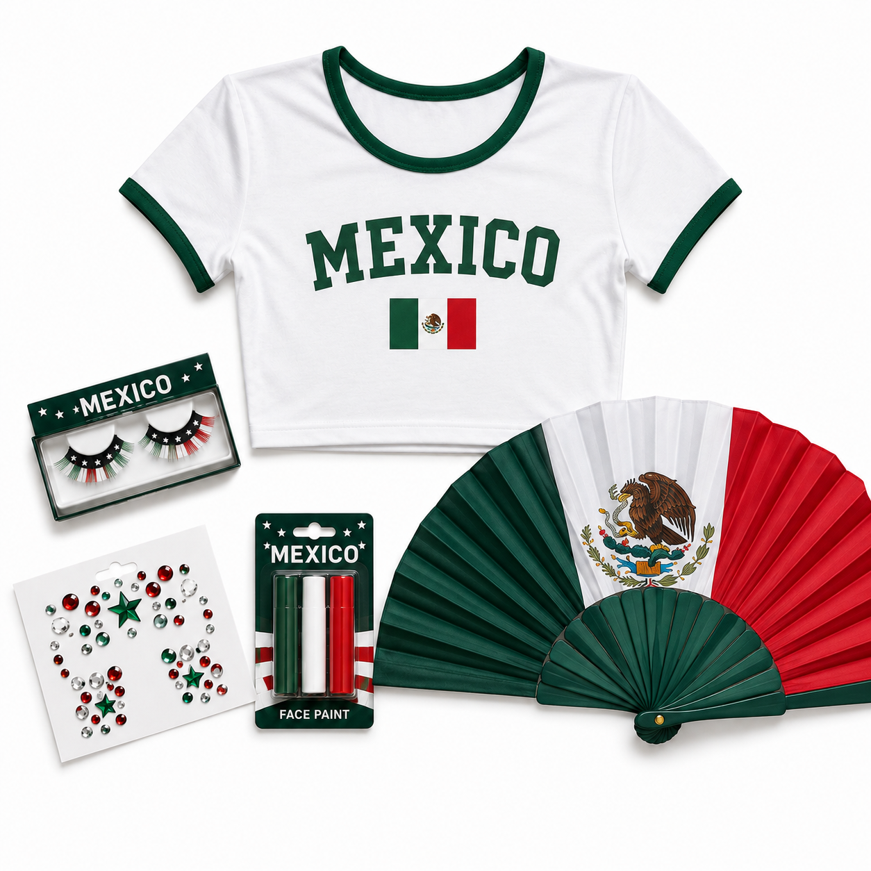 Mexican football fan crop top lashes face gems and folding fan kit