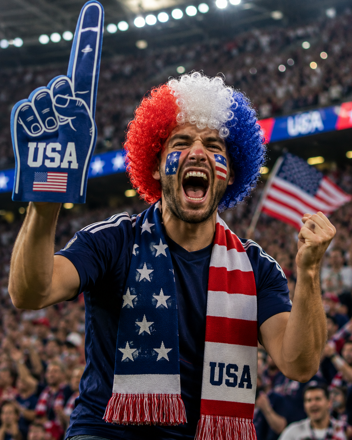 USA soccer fan cheering in stadium with supporter wig scarf and face paint