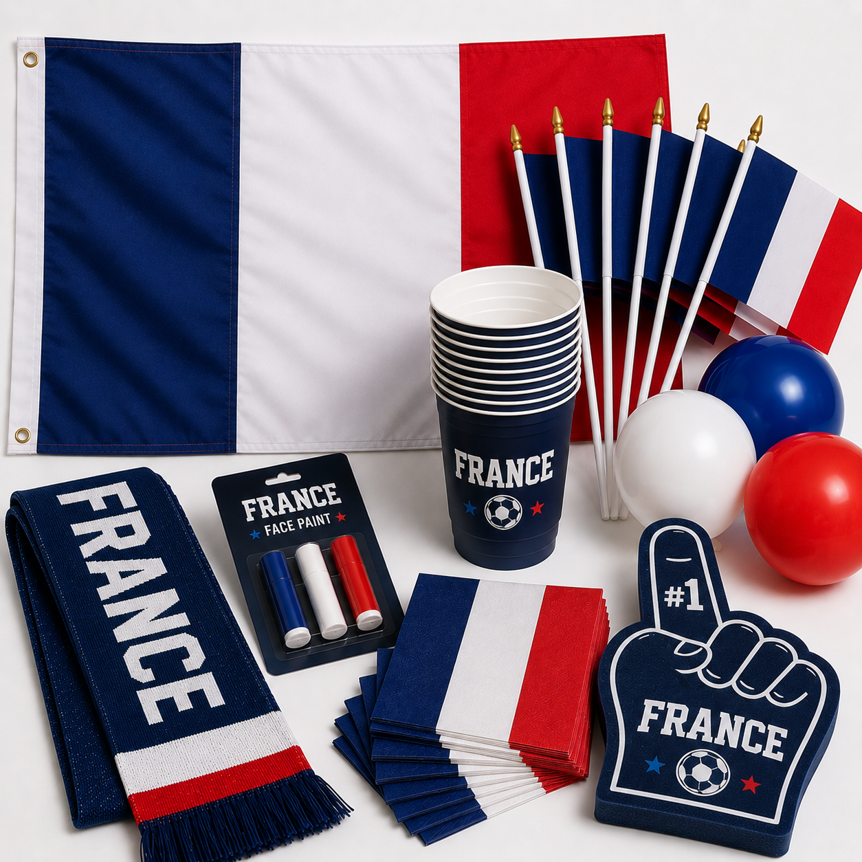 France Fan Party Kit box with American flag, mini flags, cups, napkins, scarf, face paint, balloons and foam finger for World Cup watch party