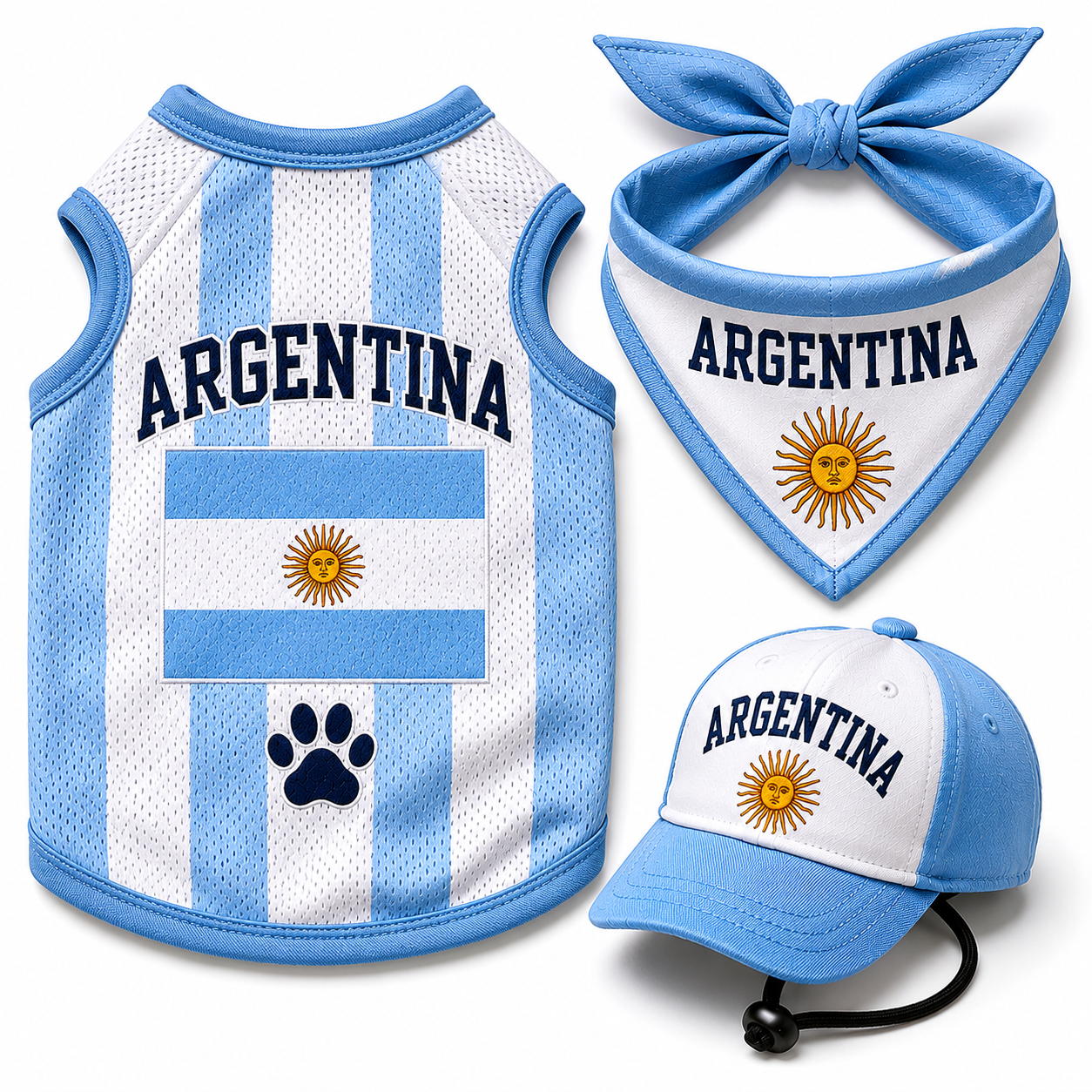 Argentina dog fan kit with jersey bandana and cap