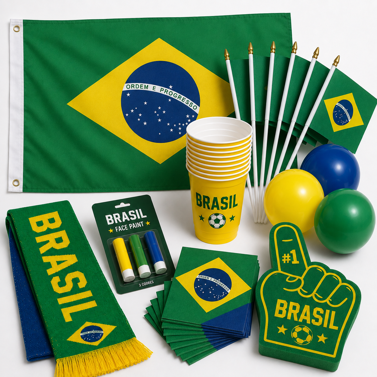 Brazil  Fan Party Kit box with American flag, mini flags, cups, napkins, scarf, face paint, balloons and foam finger for World Cup watch party