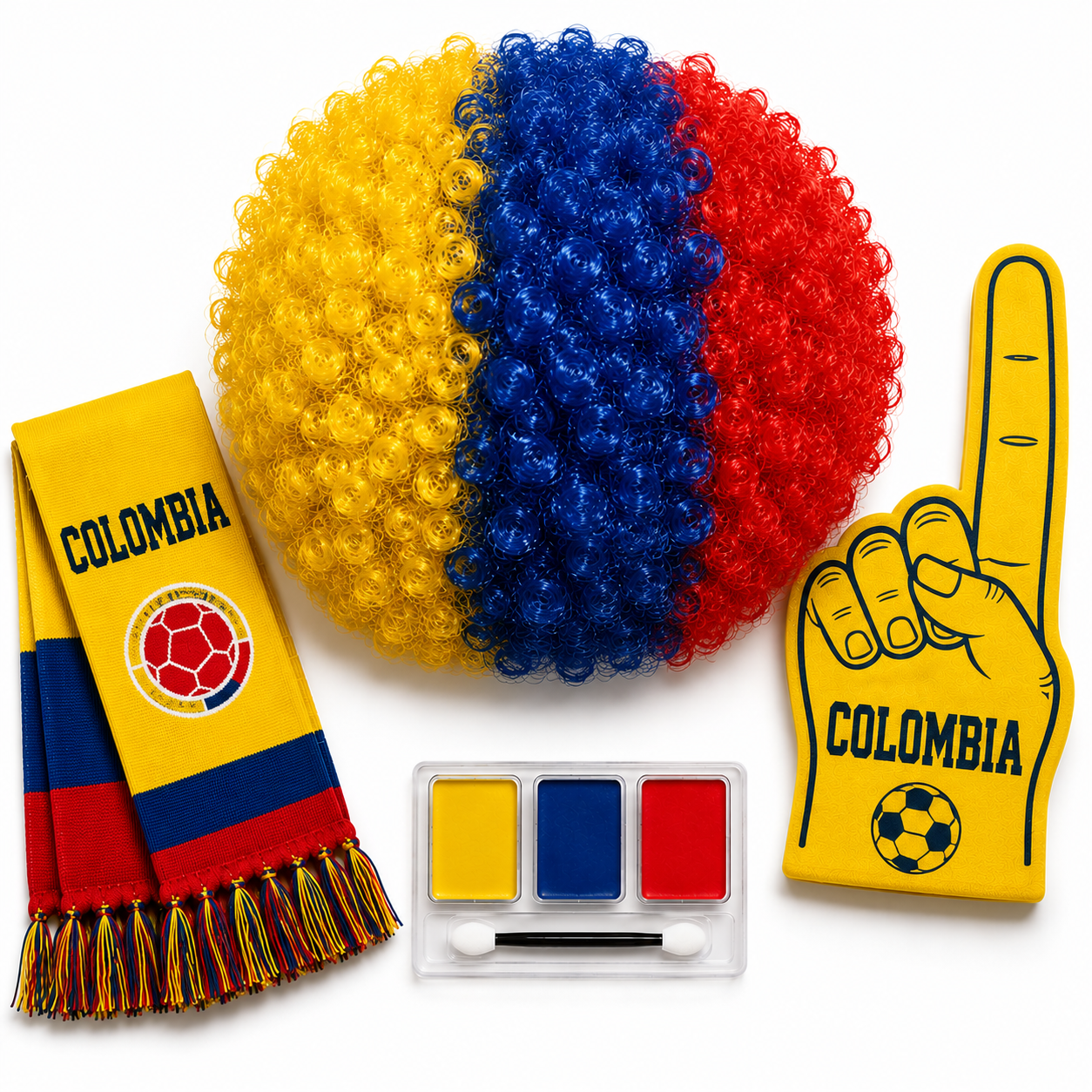 Colombias wig scarf and face paint and Foam Fingers