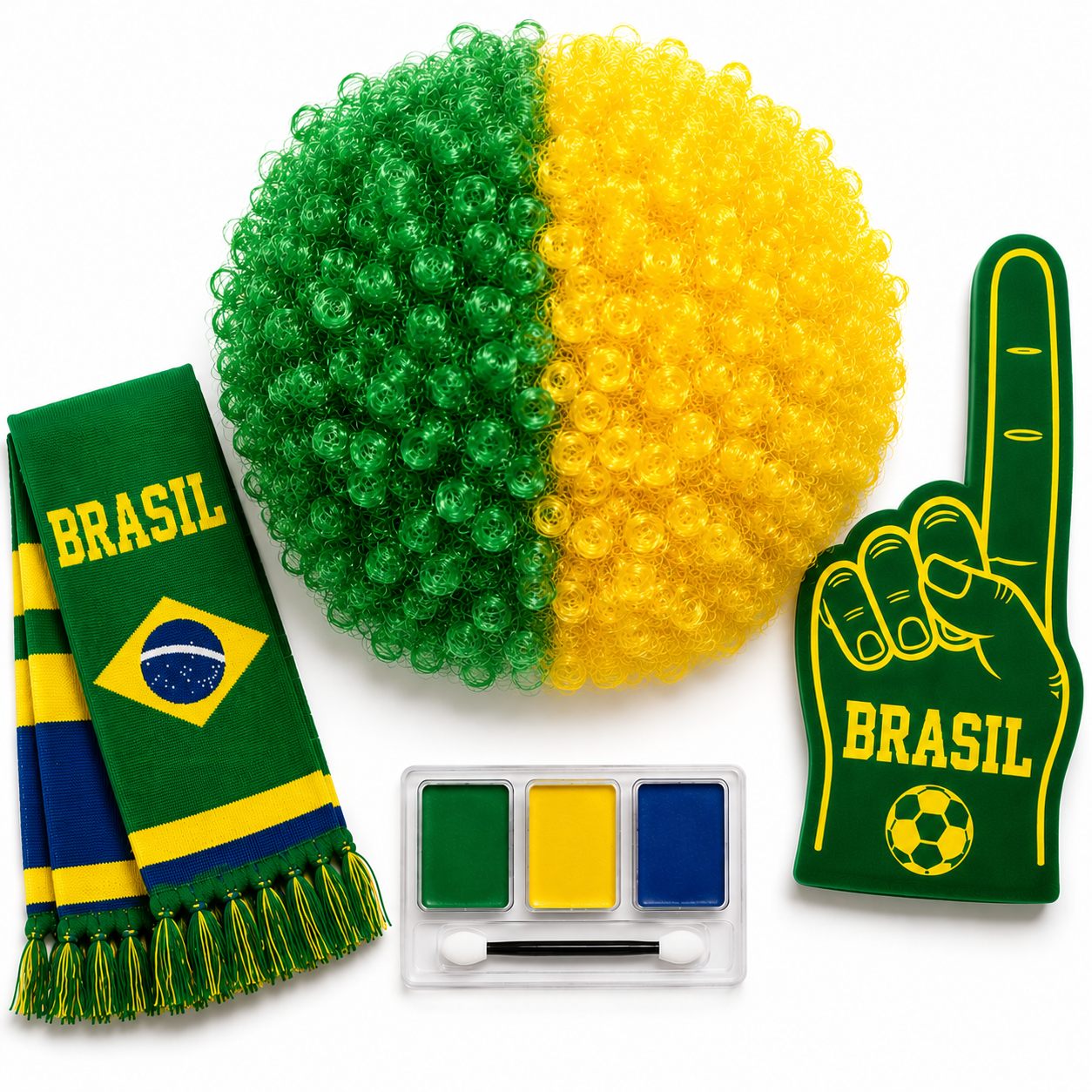   Brazil wig scarf and face paint and Foam Fingers