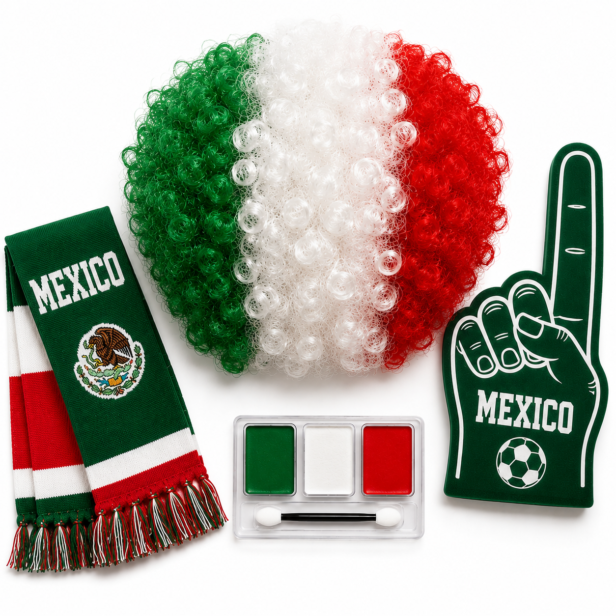  Mexico  wig scarf and face paint and Foam Fingers