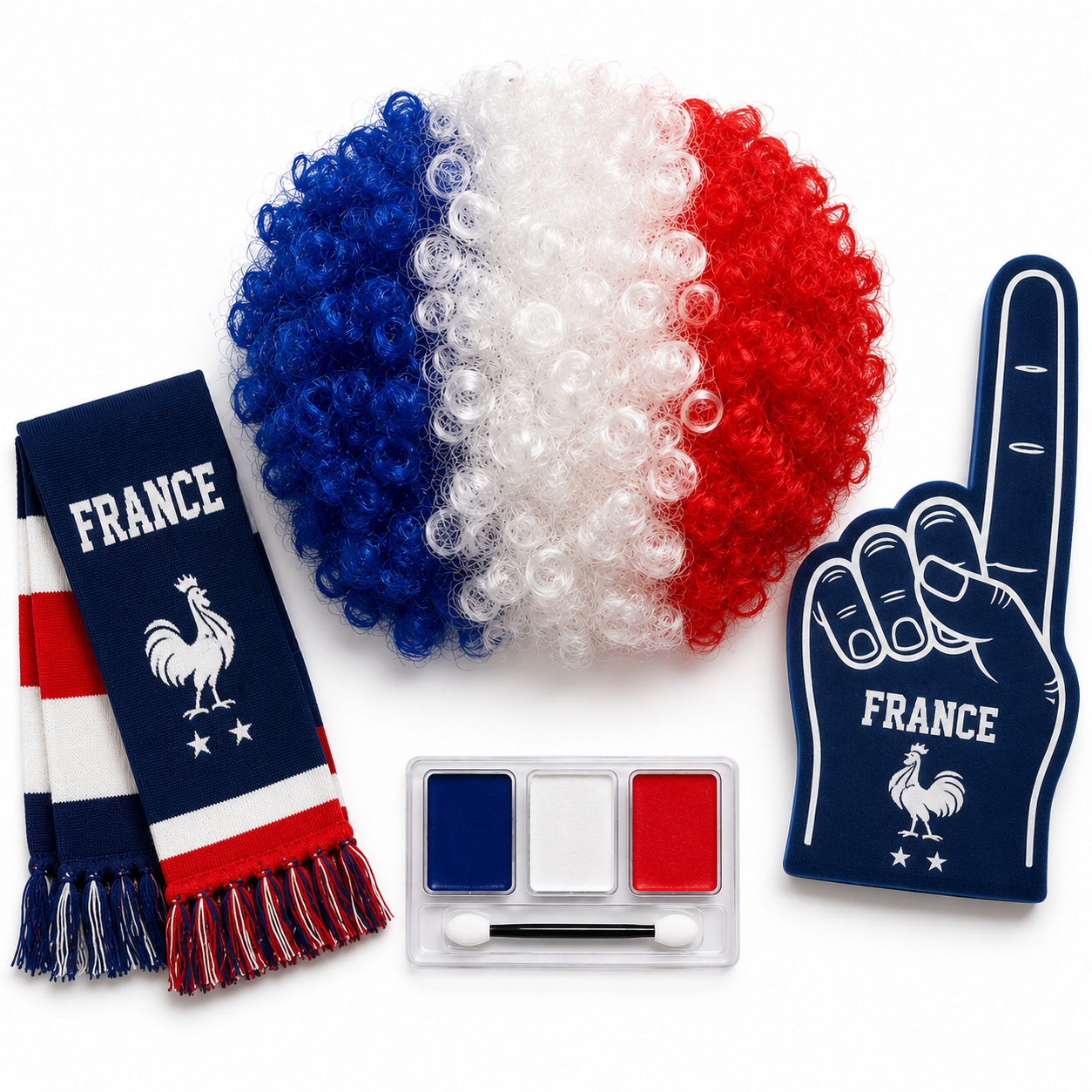   France wig scarf and face paint and Foam Fingers