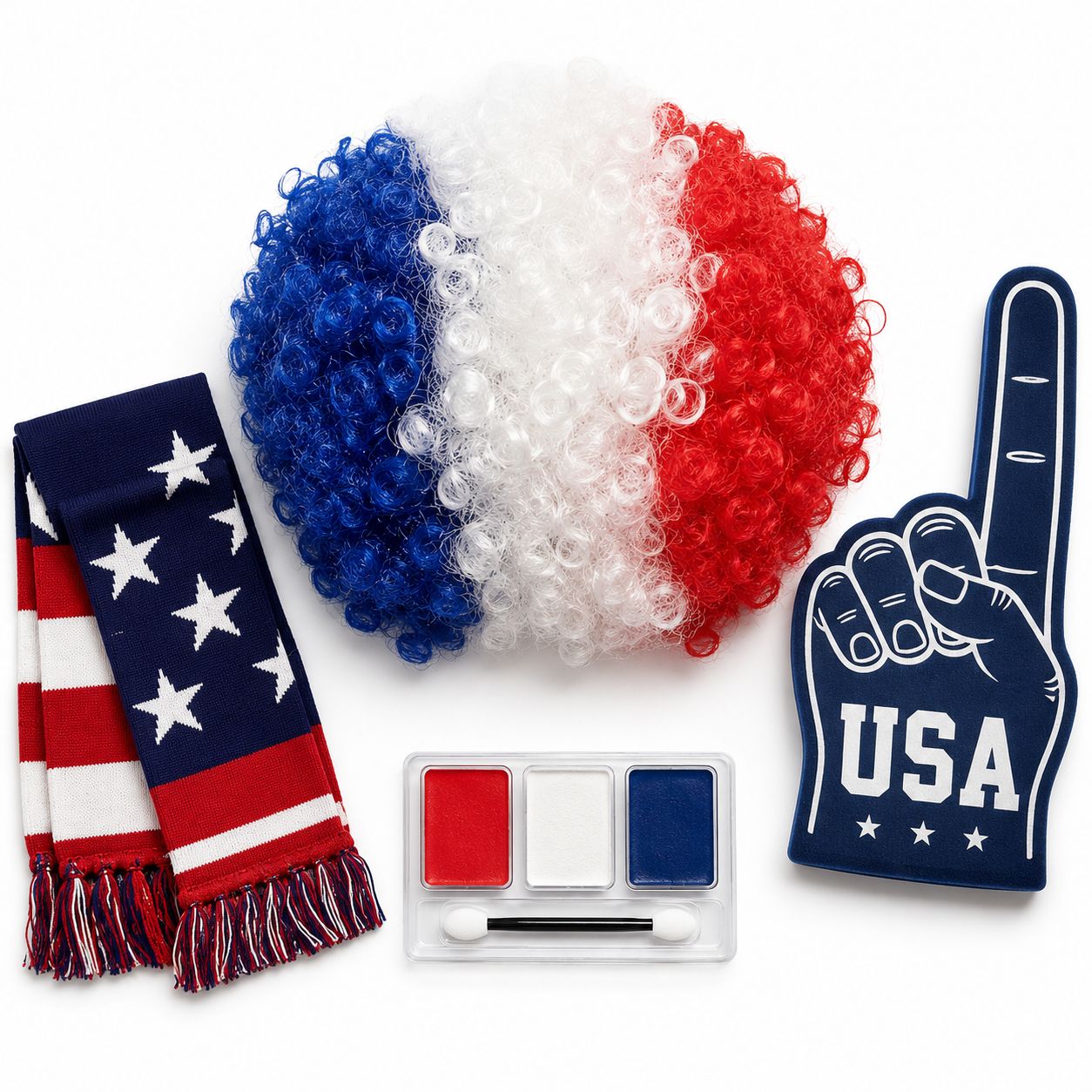   Usa wig scarf and face paint and Foam Fingers