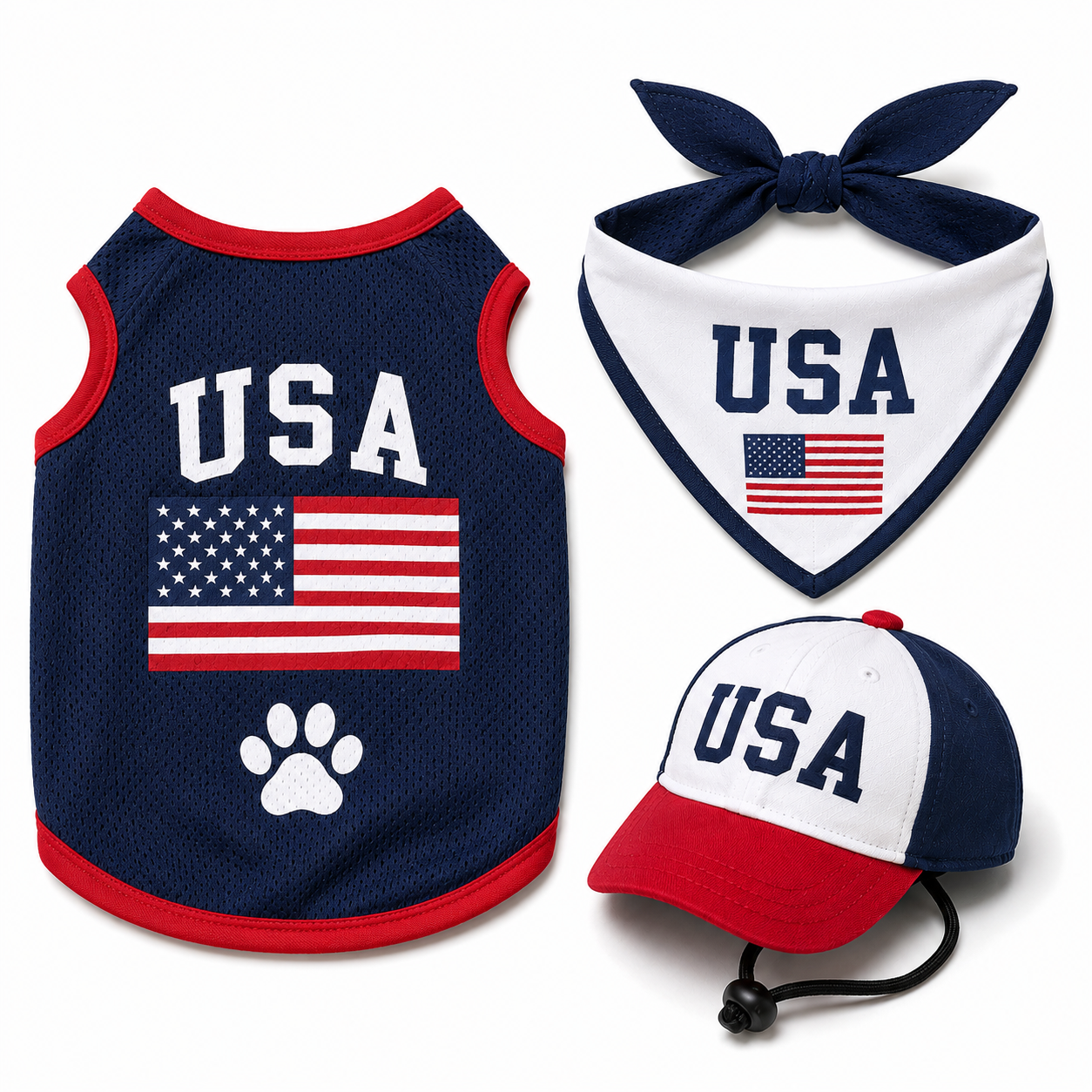 USA Soccer dog fan kit with jersey bandana and cap