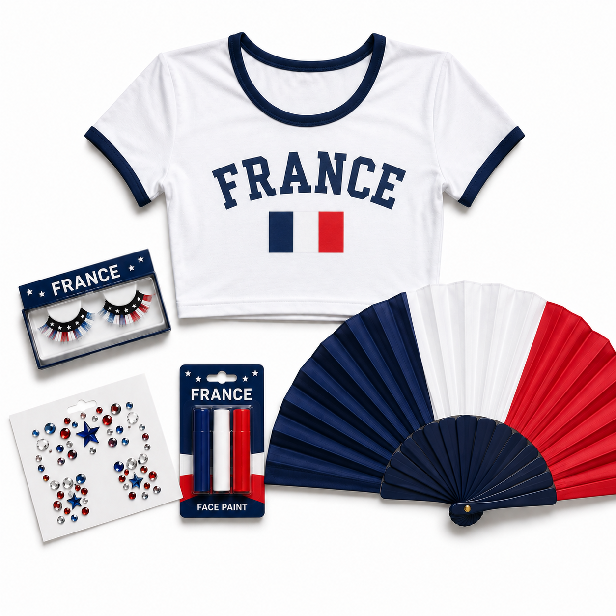 france football fan crop top lashes face gems and folding fan kit