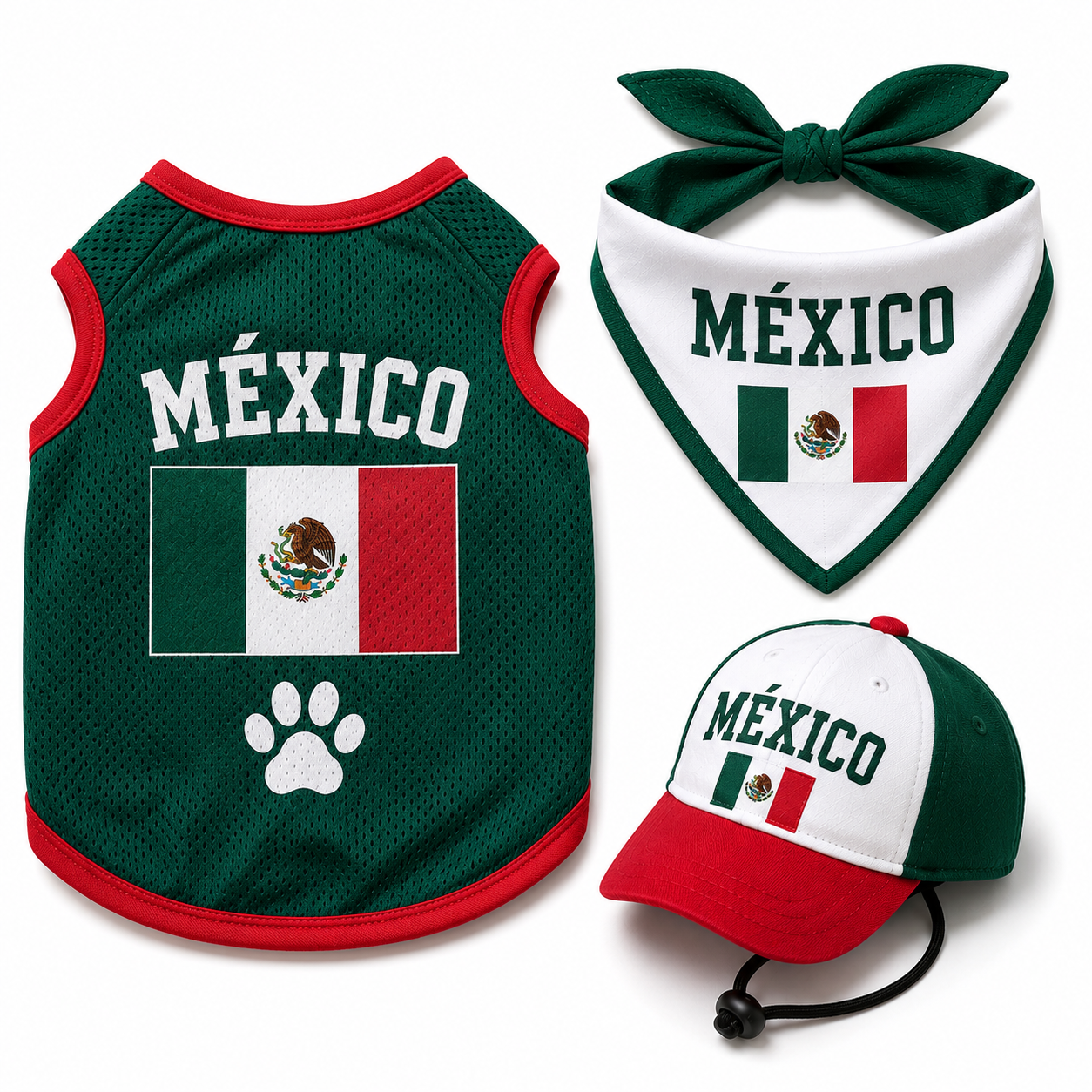 Mexico dog fan kit with jersey bandana and cap