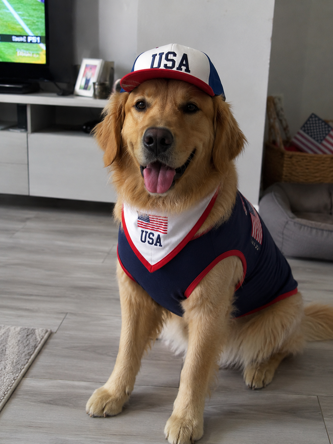 USA dog fan kit with jersey bandana and cap watching World cup