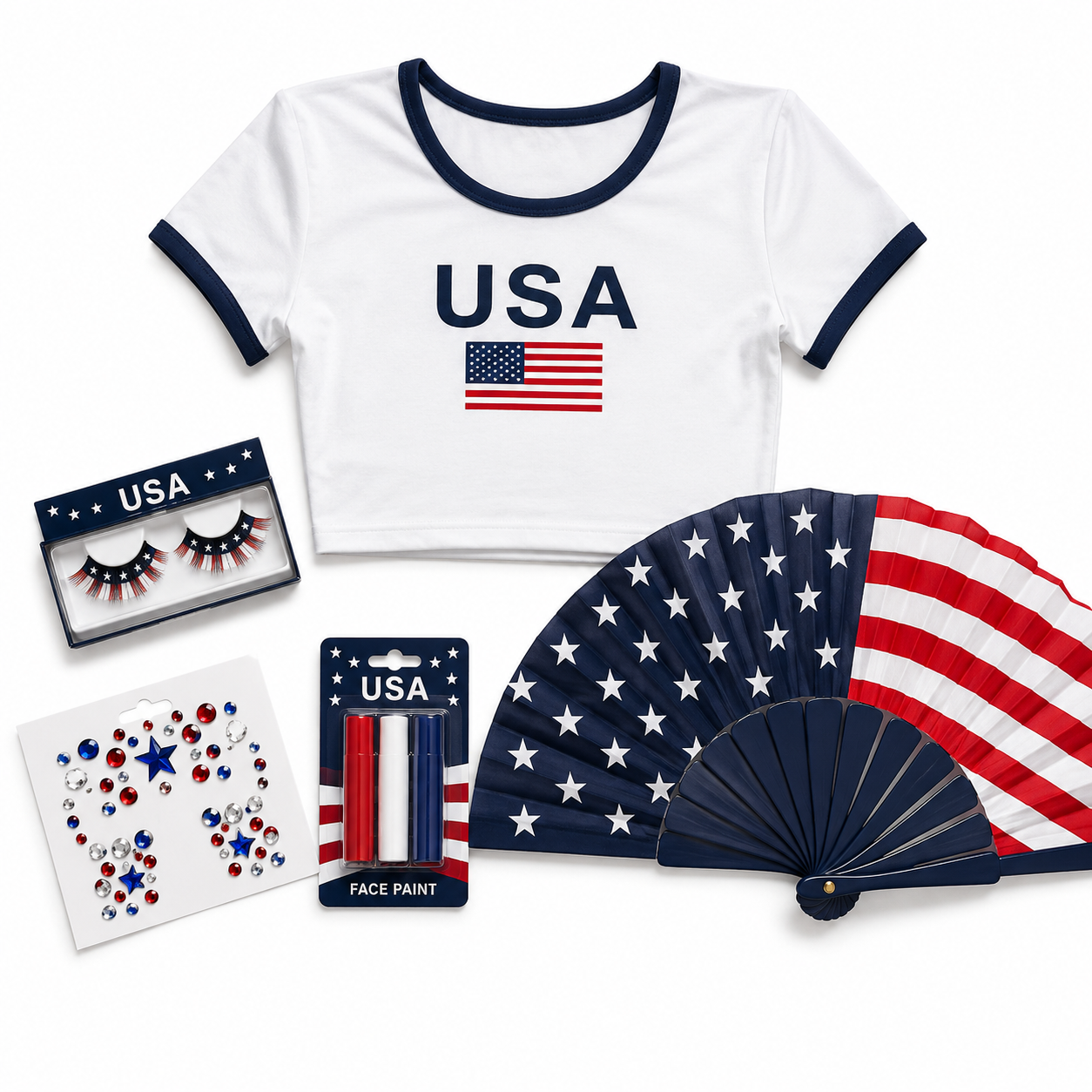 USA football  women fan crop top lashes face gems and folding fan kit